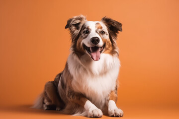A joyful dog smiles cheerfully isolated on a flat orange background. Close-up of the face of a cheerful dog with a copy place. Creative banner of happiness for pets. Generative AI