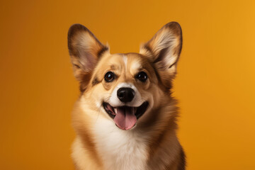 A joyful dog smiles cheerfully isolated on a flat yellow background. Close-up of the face of a cheerful dog with a copy place. Creative banner of happiness for pets. Generative AI
