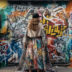 Fototapeta na wymiar Artist woman wearing graffiti painted dress standing in front of graffiti artwork, Haute couture maximalist style, Generative AI