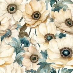 Obraz premium Floral seamless pattern of white anemone flowers. AI generated watercolor illustration digital art. Fabric print, decoration, wall art, printable. AI generated Image on the white background.