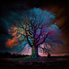 Fototapeta na wymiar Magnificent big tree, glittering fruit, magnificent landscape, sparkling starry sky. Generative ai