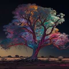 Fototapeta na wymiar Magnificent big tree, glittering fruit, magnificent landscape, sparkling starry sky. Generative ai