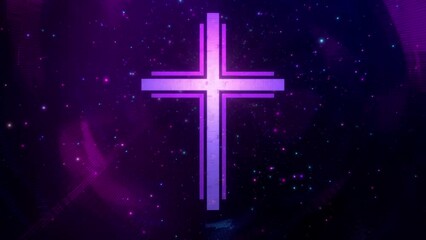 Futuristic Christian cross in ethereal sparkling purple cyberspace loop. Concept 3d animation of Roman Catholic scifi crucifix as religious sign of a modern spirituality and faith in the digital world