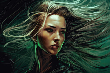 Portrait of a woman in a Matrix-inspired art style, with her hair flowing in the wind and a look of determination on her face, generative ai