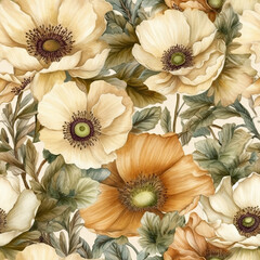 Floral seamless pattern of cream anemone flowers. AI generated watercolor illustration digital art. Fabric print, decoration, wall art, printable. AI generated Image on the white background.