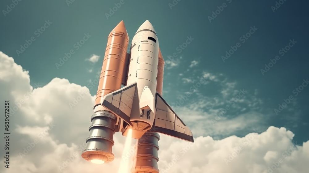 Poster rocket ship in the clouds shuttle cartoon generative ai