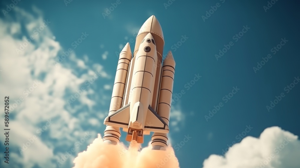 Poster rocket ship in the clouds shuttle cartoon generative ai