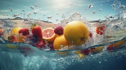Fototapeta na wymiar Fruit in water splash with Generative AI