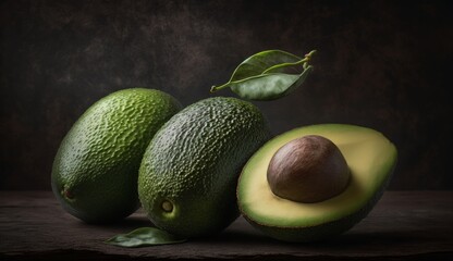 Fresh, raw avocado on a black background. Generative ai