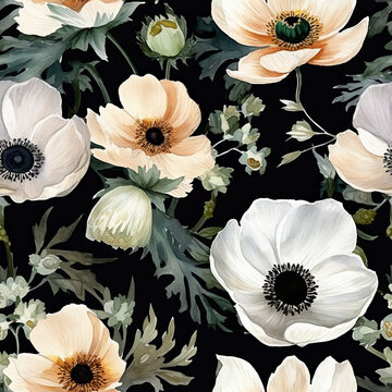 Floral seamless pattern of white anemone flowers. AI generated watercolor illustration digital art. Fabric print, decoration, wall art, printable. AI generated Image on the black background. © Viktoriia Melkisheva
