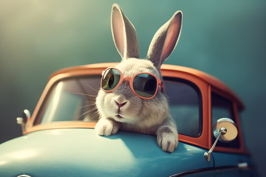Rabbit with sunglasses driving a vintage retro car. AI generated image