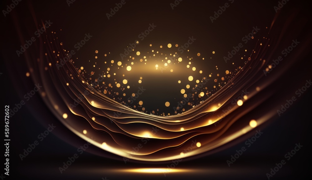 Poster Dark brown background digital signature with particles sparkling waves curtains and areas with deep depths The particles are golden light lines, background, illustration, generative ai
