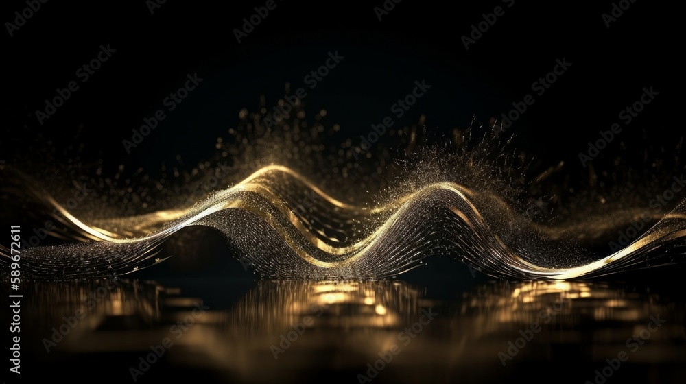 Poster Dark brown background digital signature with particles sparkling waves curtains and areas with deep depths The particles are golden light lines, background, illustration, generative ai