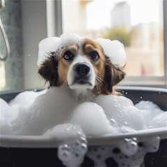 Cute dog enjoying a relaxing bath. AI generated content