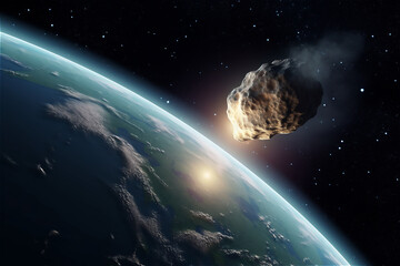 Obraz na płótnie Canvas asteroid approaching planet Earth, meteorite in orbit before impact. AI generated content