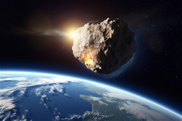 asteroid approaching planet Earth, meteorite in orbit before impact. AI generated content