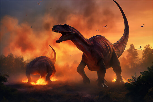 Dinosaur facing extinction with meteor shower thunder lighting and volcano eruption and fire, end of the world of dinosaurs. AI generated content