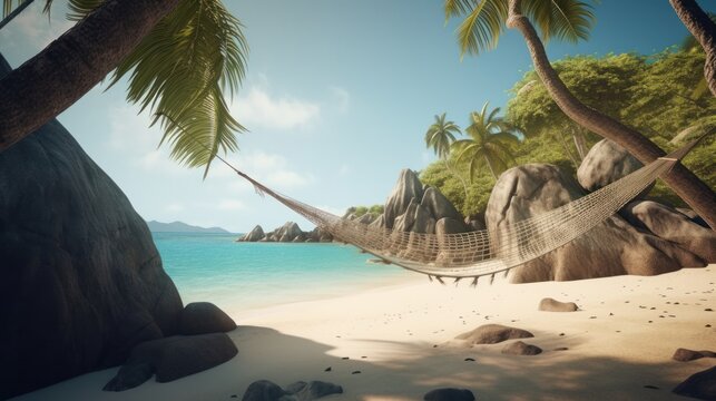 A hammock hanging from a palm tree on a beach with a rock in the background and a hammock in the foreground. Generative ai