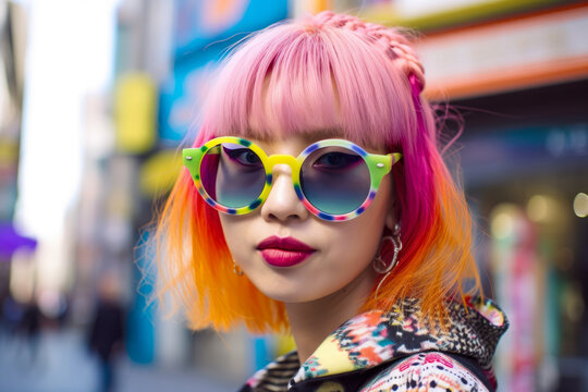 Portrait of a woman in Harajuku fashion style with a playful and colorful hair, wearing oversized sunglasses and surrounded by bright and bold patterns'', generative ai