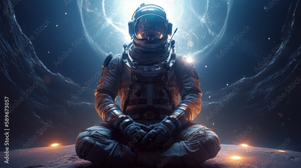 Poster an astronaut meditating on the solar system. generative ai