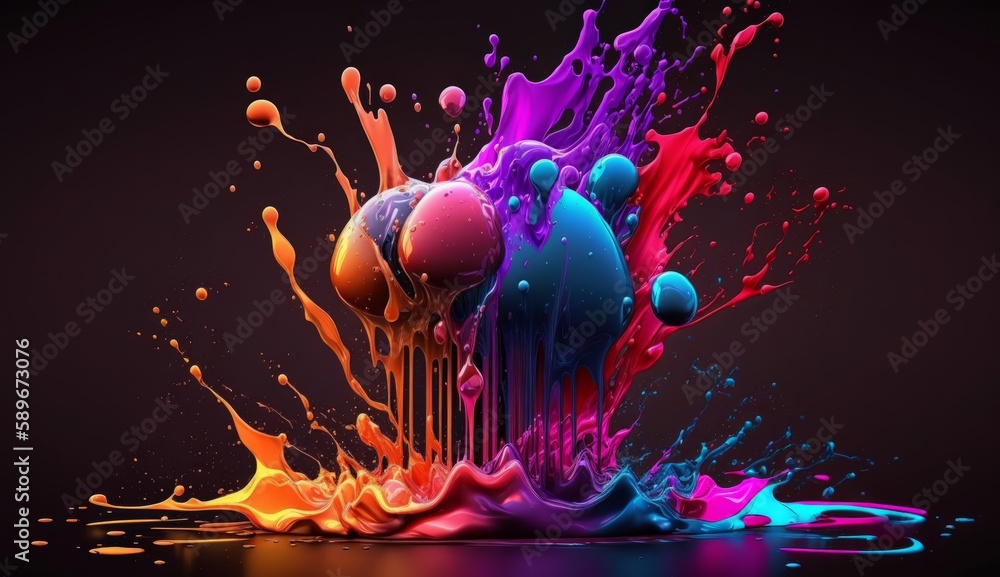 Poster abstract digital design with vivid liquid colors and splashes on a darker background. generative ai