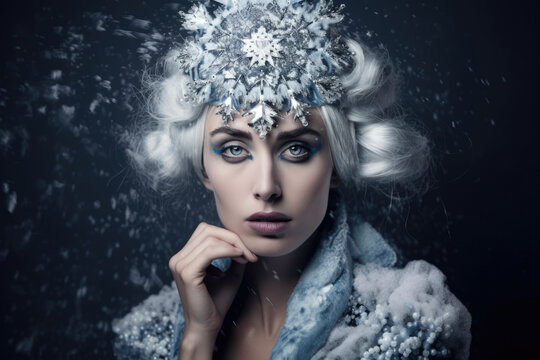Portrait of a woman in the style of an ice queen with a winter theme, featuring intricate snowflake patterns on her clothing and accessories'', generative ai