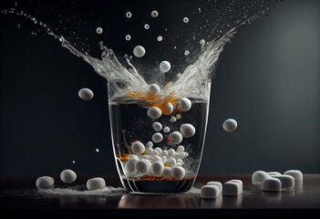 Recovering from a hangover and nursing a headache with aspirin concept with effervescent drink tablet dissolving in water. Generative AI
