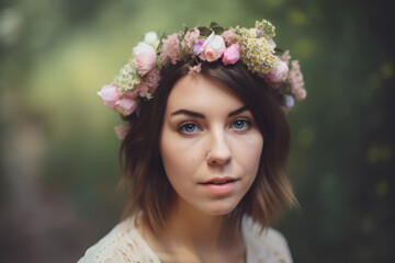 Portrait of a woman wearing a flower crown, with a soft and dreamy background, generative ai