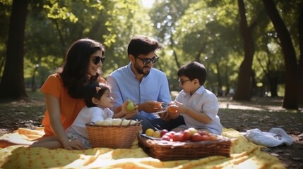 Happy family having a picnic in the park with food and drinks on a sunny day. Generative AI.