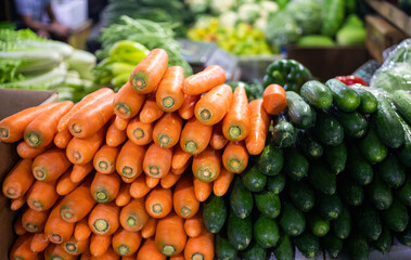 fresh fruit and vegetables on tropical market
