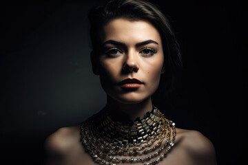 Portrait of a woman with a crystal choker necklace, exuding a bold and confident attitude, generative ai