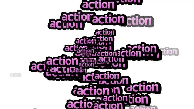 animated video scattered with the words ACTION on a white background