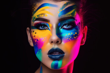 Portrait of a woman with a striking and bold makeup look, featuring bright and vivid colors in an abstract and artistic style, generative ai