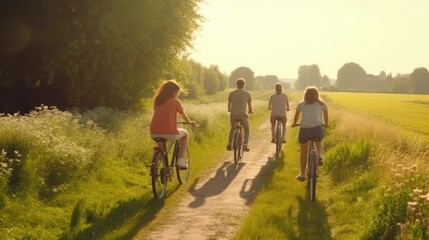 Fototapeta premium Happy family cycling on a scenic path through the countryside. Generative AI.