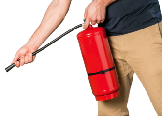 Man presses the trigger fire extinguisher isolated on white background