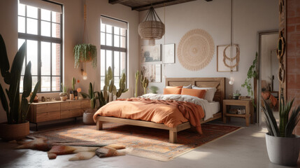 Bedroom interior design idea with natural furniture. Generative AI