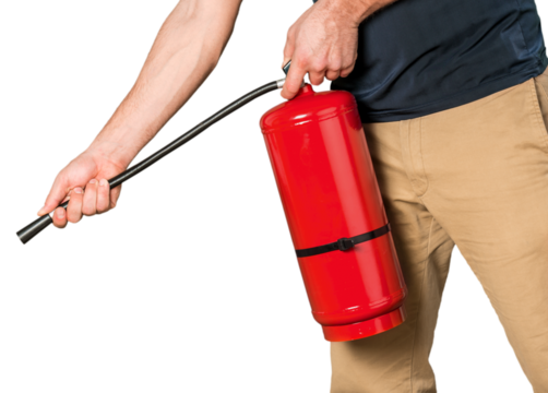 Man presses the trigger fire extinguisher isolated on white background