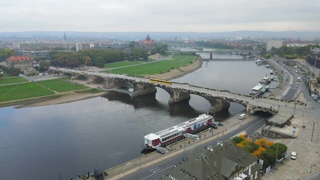 Aerial Views of Dresden and its Iconic Bridge: Spectacular Drone Footage
