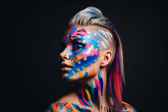 Portrait of a woman with colorful abstract patterns painted on her face and hair, against a plain background, generative ai