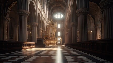 Obraz premium Exquisite interior of a cathedral, featuring vaulted ceilings, towering columns, intricate carvings, and stained-glass windows that flood the space with colorful light, generative ai