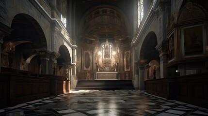 Fototapeta premium Exquisite interior of a cathedral, featuring vaulted ceilings, towering columns, intricate carvings, and stained-glass windows that flood the space with colorful light, generative ai