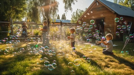 Obraz premium Happy children playing with bubbles in the backyard on a sunny day. Generative AI.