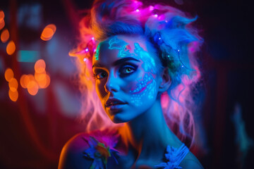 Portrait of a woman with vibrant neon makeup and hair in a fantastical and dreamlike environment, generative ai
