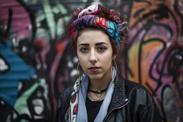 Portrait of a young woman with a colorful headscarf and a leather jacket, standing in front of a graffiti-covered wall with a fierce expression on her face, generative ai