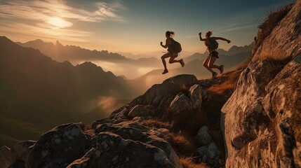 Fototapeta premium Adventure Seekers: Hiking and Enjoying Outdoor Sports and Activities in Scenic Landscapes. Generative AI