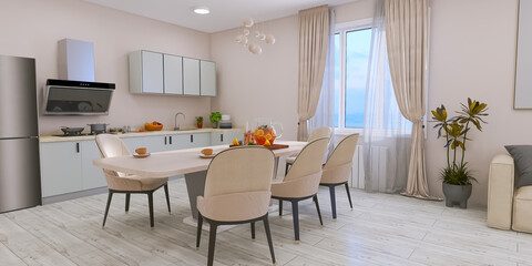 Kitchen dining room 3d render, 3d illustration