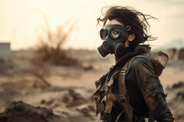 Post-apocalyptic warrior woman with a gas mask and goggles standing in a barren wasteland with ruins in the background'', generative ai