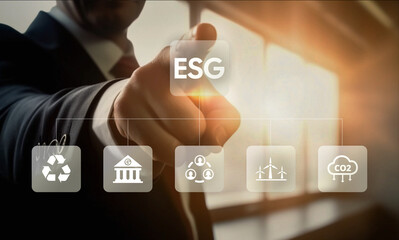 ESG concept for environmental, social, and governance in sustainable and ethical business and investment on the Network connection on a sunny background.