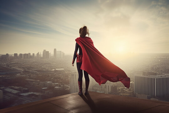 Powerful female superhero standing in the city skyline with her cape flying in the wind, ready to save the world, generative ai