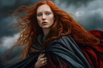 Pre-Raphaelite portrait of a woman with fiery red hair and a fierce expression, wearing a cloak and standing in front of a stormy sky'', generative ai